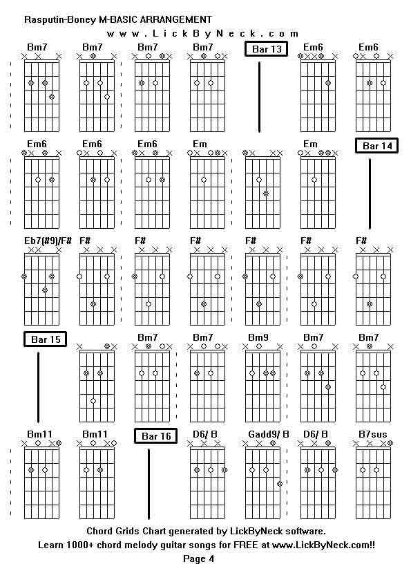 Chord Grids Chart of chord melody fingerstyle guitar song-Rasputin-Boney M-BASIC ARRANGEMENT,generated by LickByNeck software.